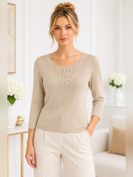 august silk Tops - August Silk | Beige Shimmer Knit Top  Pearl Embellished 3/4 Sleeve Size: M